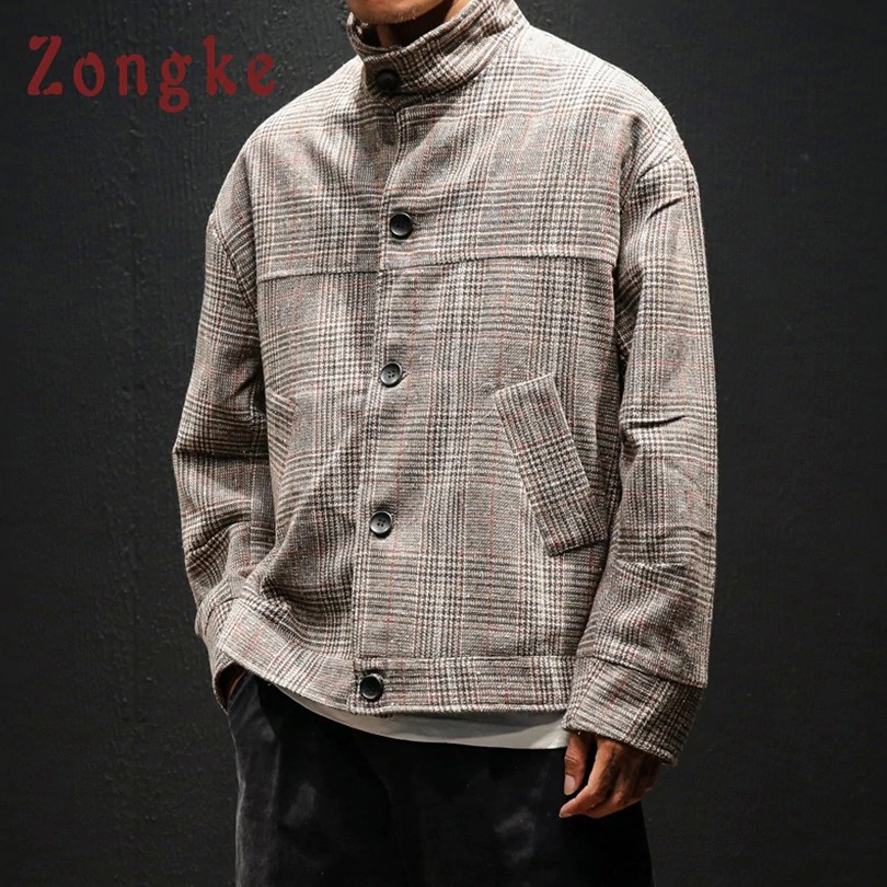 DISKON Zongke Woolen Plaid Men Jacket Coat Man Hip Hop Streetwear Men Jacket Coat Plaid Bomber