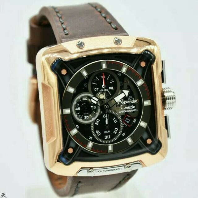 JAM TANGAN PRIA ALEXANDRE CHRISTIE AC 3030 ROSEGOLD BLACK LEATHER BROWN