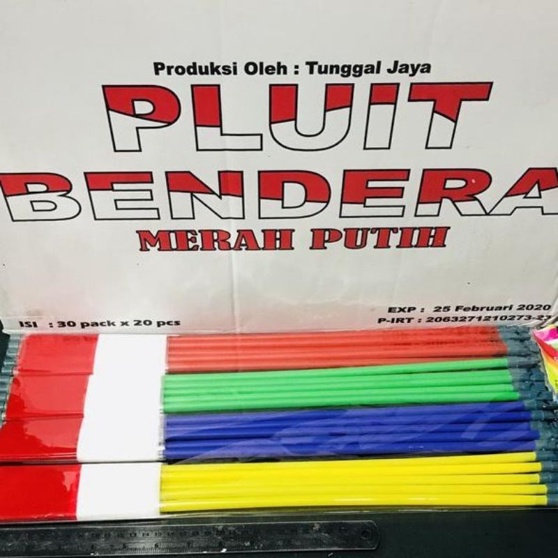 Bendera PLASTIK Merah Putih dengan TONGKAT TANGKAI GAGANG Pluit  (1Pak 20 pcs )