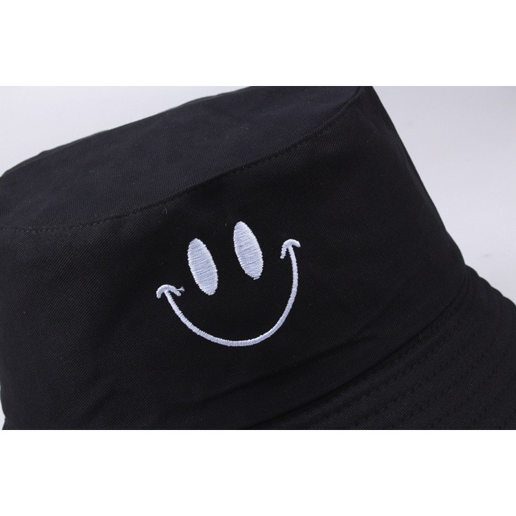 BHSS bucket hat import smile simple bordir topi summer fisherman korea - Hitam