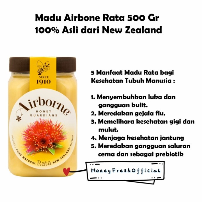 

madu- madu airbone clover honey 500 gram new zealand import + sendok kayu - bunga rata -madu.