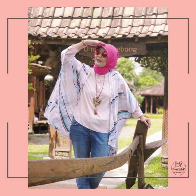 Kimono outer model batwing, fit to XXL - motif putih garis [Sakura Series]