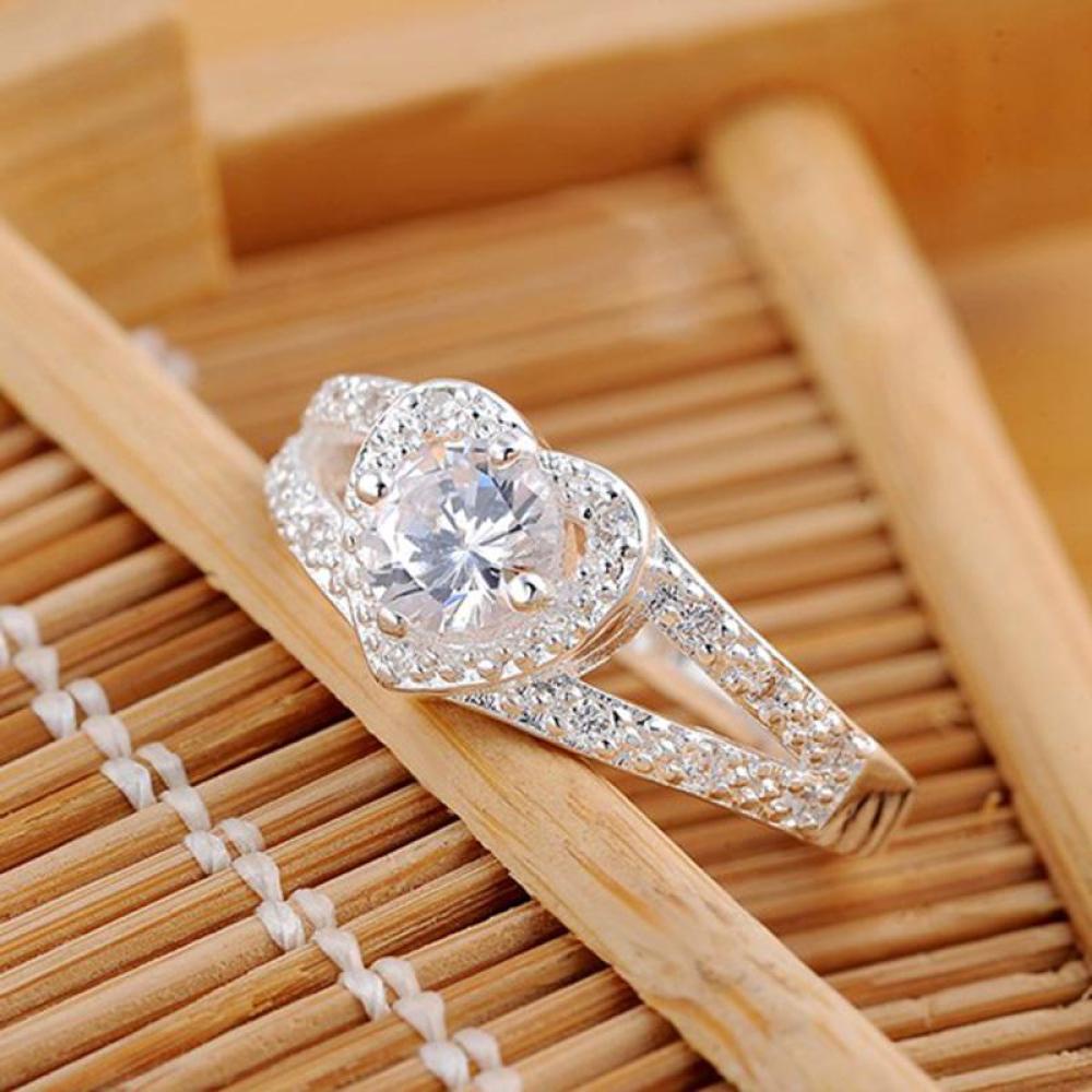 Timekey Cincin Nikah Sterling Silver 925 Desain Hati Unik Hias Kristal Berlian Imitasi A3K2