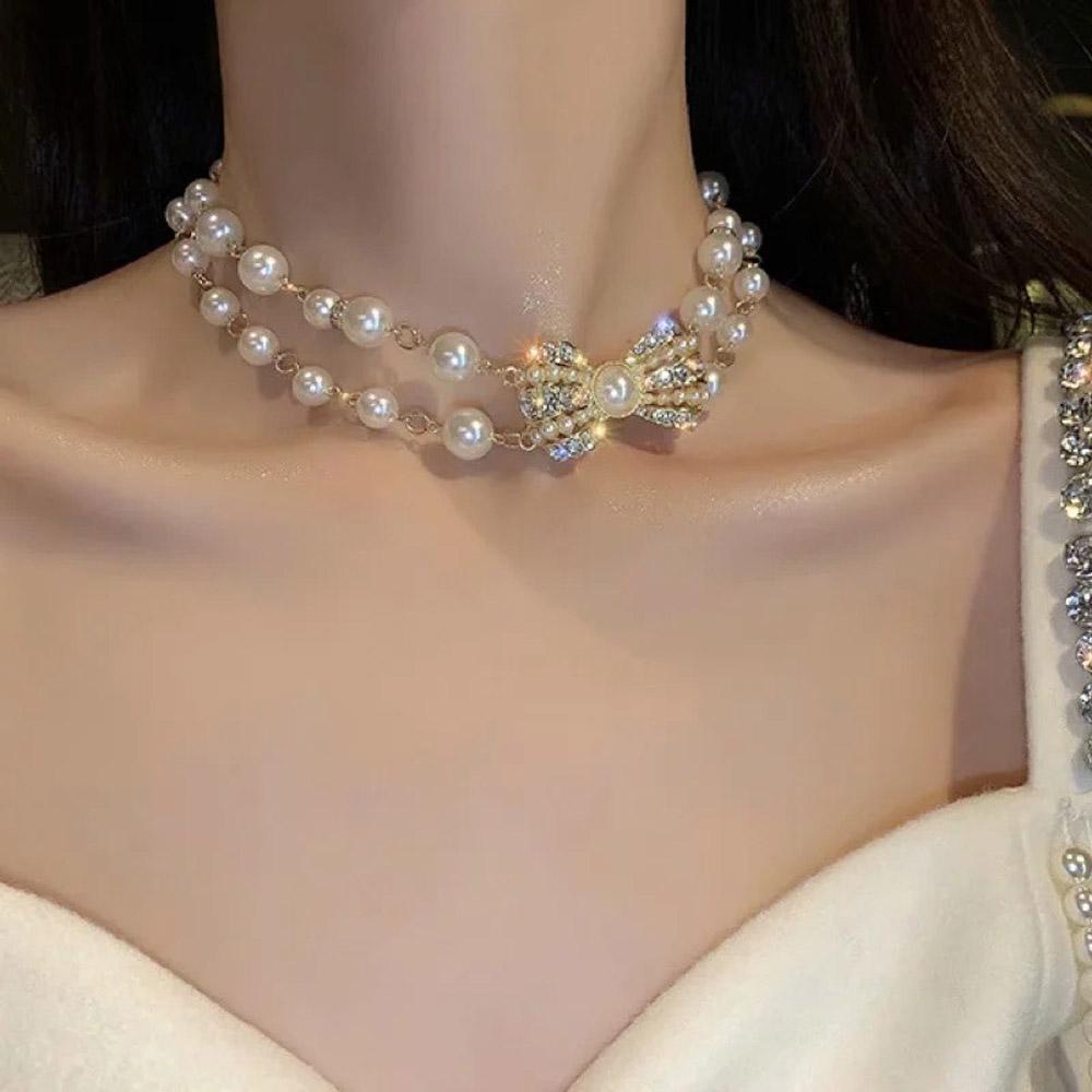 Hadiah Kalung Mutiara Agustina Berlian Imitasi Busur Choker