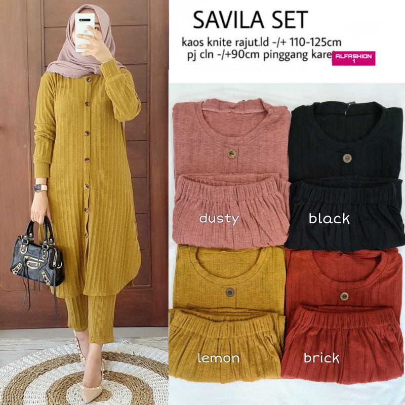 Savila Set Pakaian Wanita Setelan Tunik + Celana Fab Kaos Knite Rajut Pinggang Karet