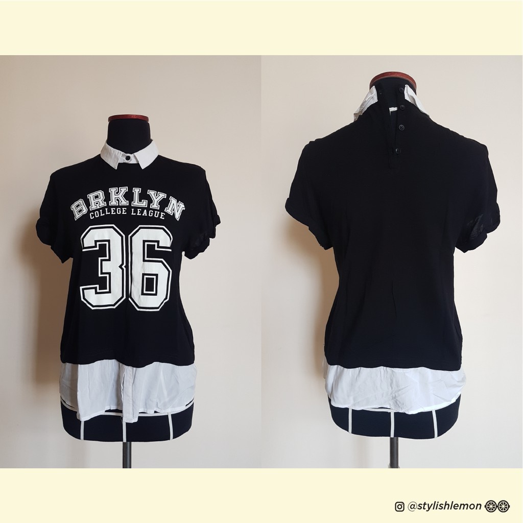 (preloved) Atasan Kemeja Putih Kombinasi Kaos Hitam Merk Logo Jeans Bahan Adem Nyaman Dipakai