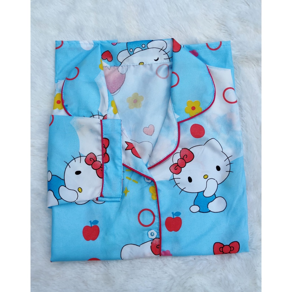 BJ-Piyama PP XXL Wanita Dewasa Murah - Baju Tidur Lengan Panjang-HK Apple Biru