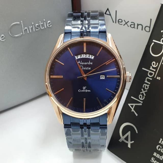 JAM TANGAN PRIA ALEXANDRE CHRISTIE AC 8588 CLASSIC BLUE ROSE GOLD ORIGINAL