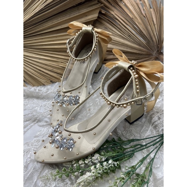 sepatu wanita wedding v merrisa gold tali pita 5cm tahu