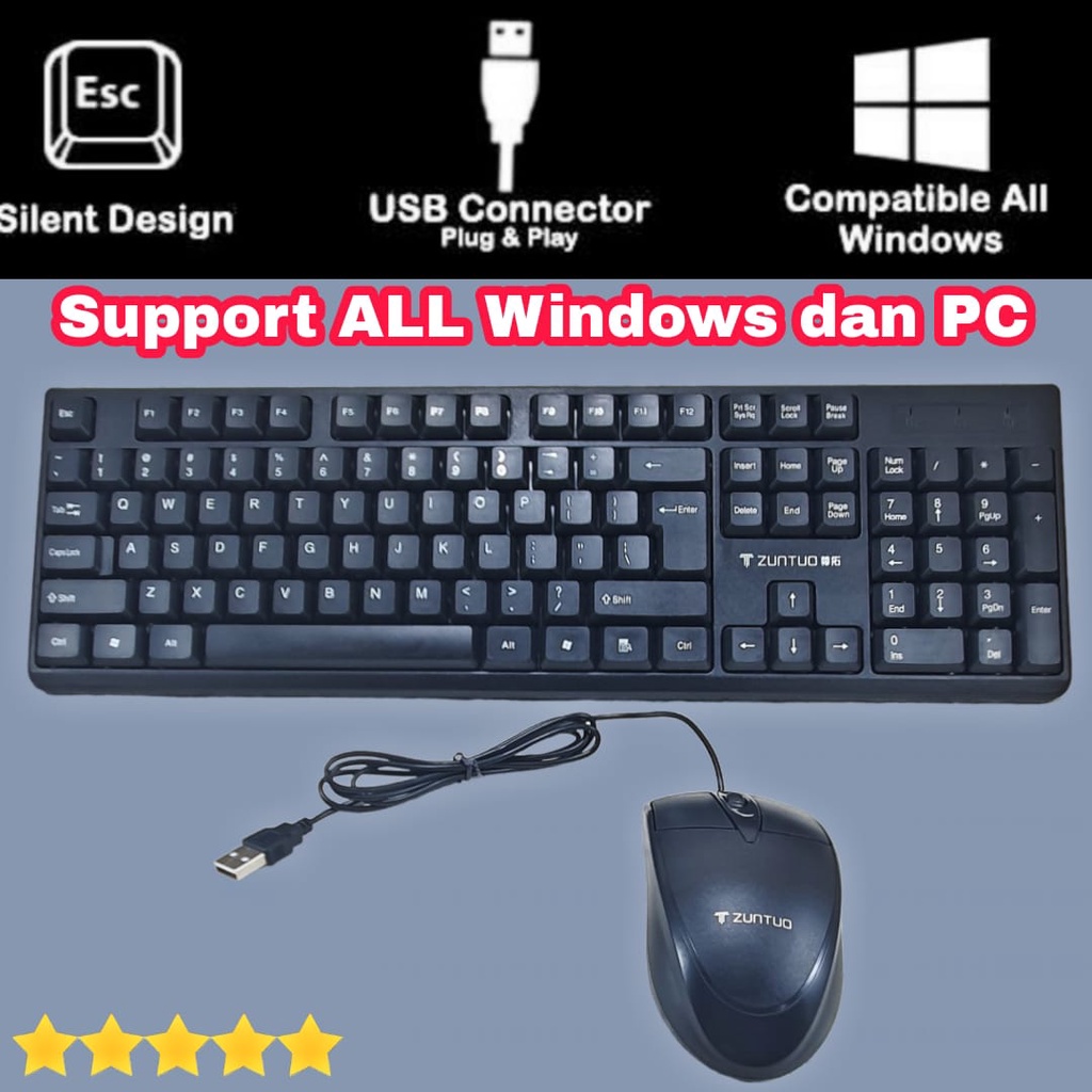 Keyboard Kabel + Mouse Cable USB ERRLY ZT-600 Paket Combo Wired 104 Keys Classic Design ZT600