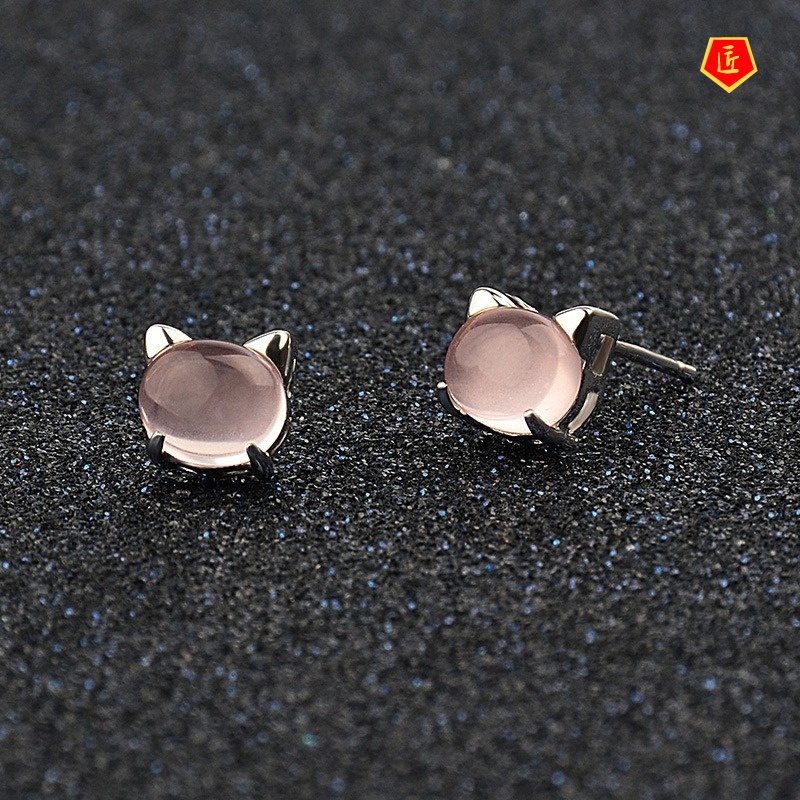 [Ready Stock]Women's Cute Cat Ross Quartz Pink Crystal Silver Stud Earrings