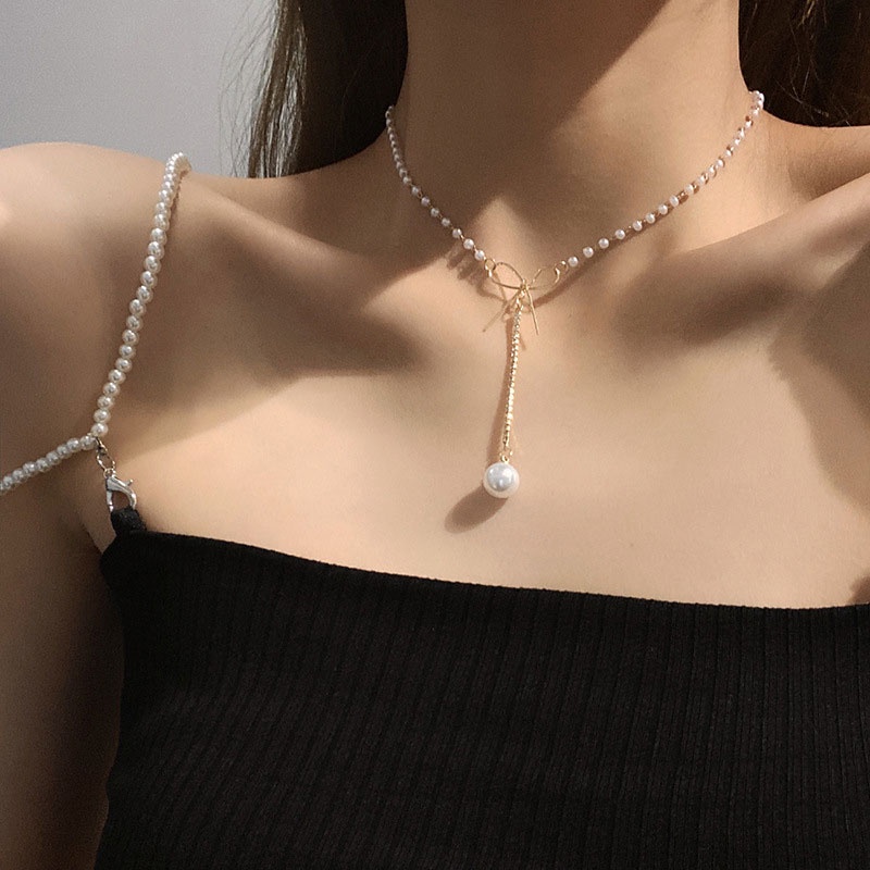 XiaoboACC Kalung Rantai Dengan Liontin Pita + Mutiara Gaya Korea Untuk Wanita 48.4CM+5.3CM