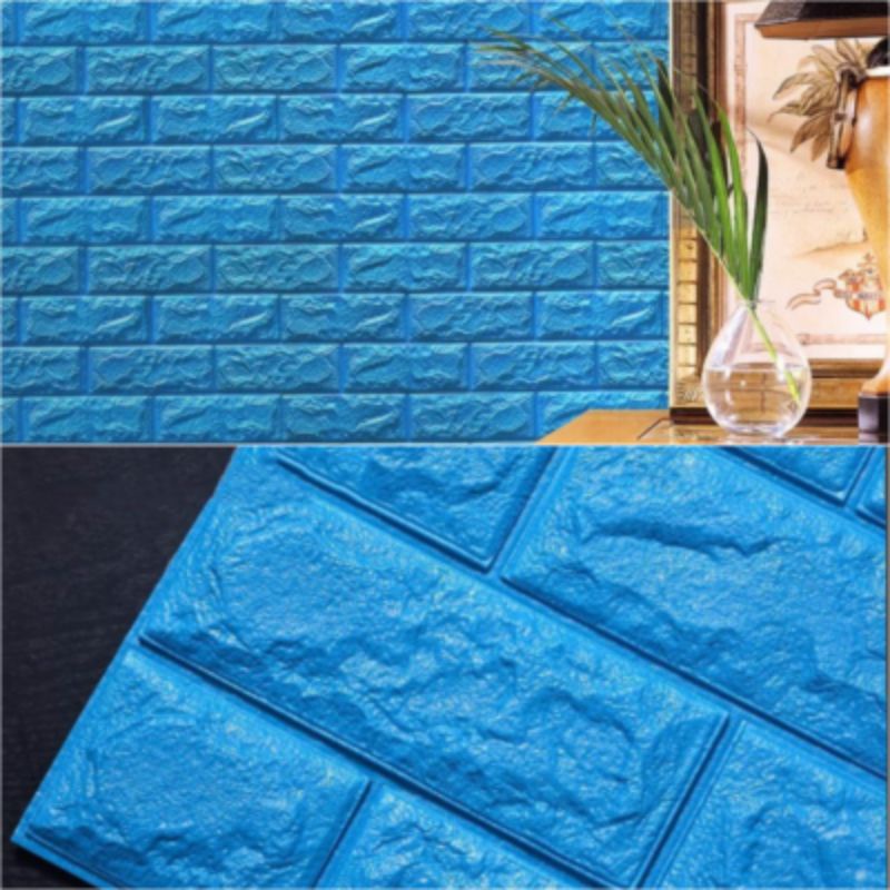 Menjual wallpaper busa di ding warna biru tua motif bata tebal 4mm