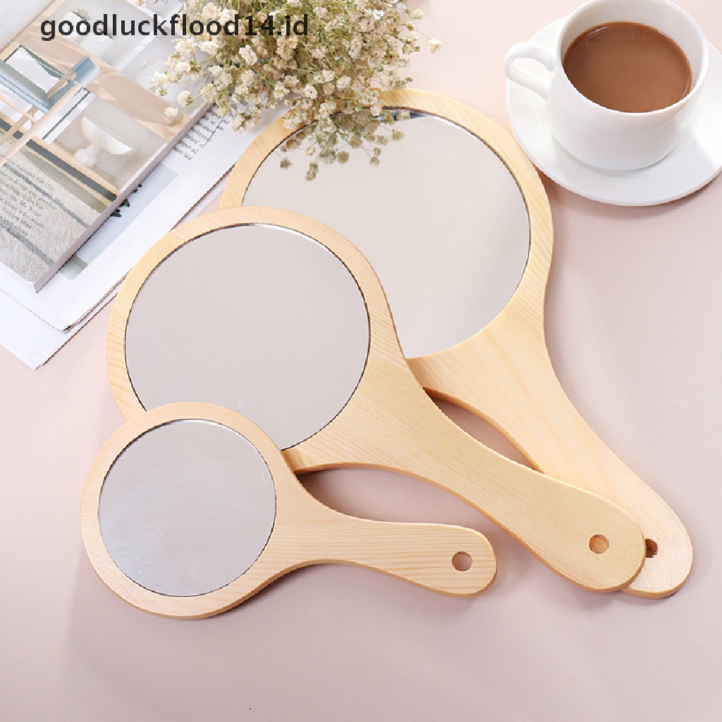 [OOID] Round Wood Vintage Hand Mirror Makeup Vanity Mirror Cosmetic Make Up Mirrors ID