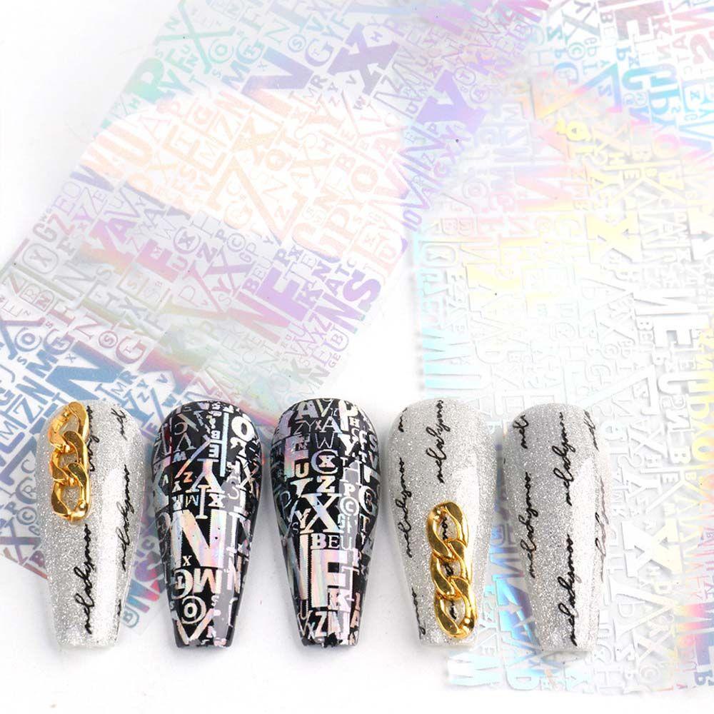 AUGUSTINA Agustina Stiker Kuku Laser DIY 10 Pcs Nail Art Dekorasi Manicure Huruf Inggris Garis Geometris Transfer Air Stiker