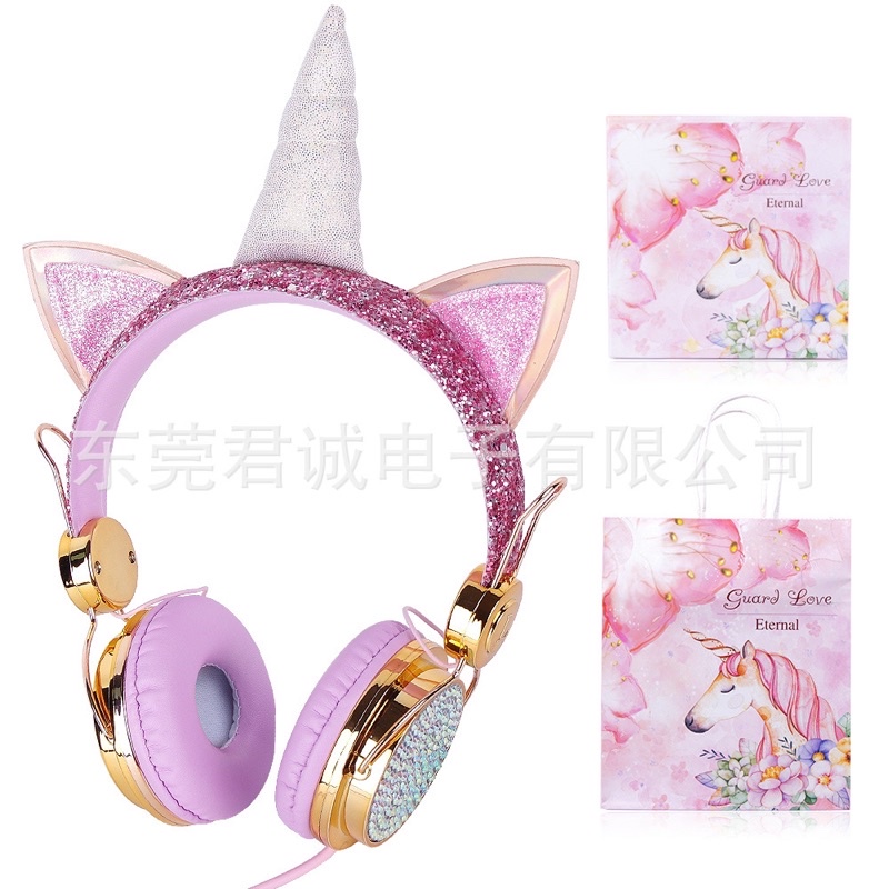 Headphone Kabel Unicorn Dengan Mikrofon headset anak hadiah/UNICORN LIMITED EDITION/bulu gliter