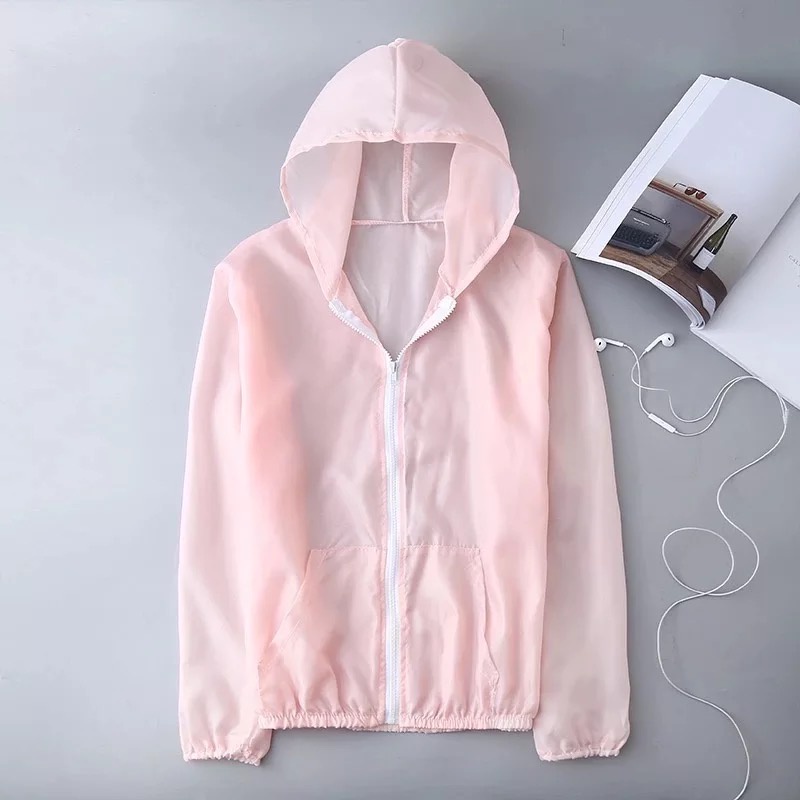Jaket Anti UV Jaket Hoodie Wanita Pelindung Anti Sinar Matahari / Anti Angin-Pink Muda-S