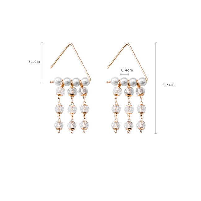 LRC Anting Tusuk Fashion Gold Triangle Pearl Crystal Beaded Tassel Stud Earrings F54365