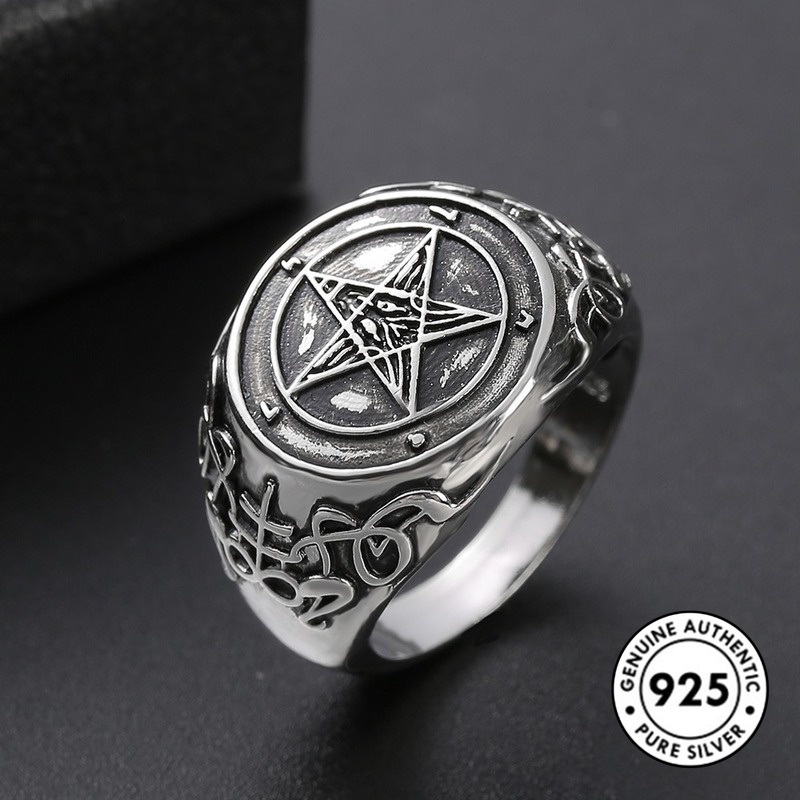 Cincin Sterling Silver 925 Model Kepala Kambing / Setan / Pentagram Untuk Wanita