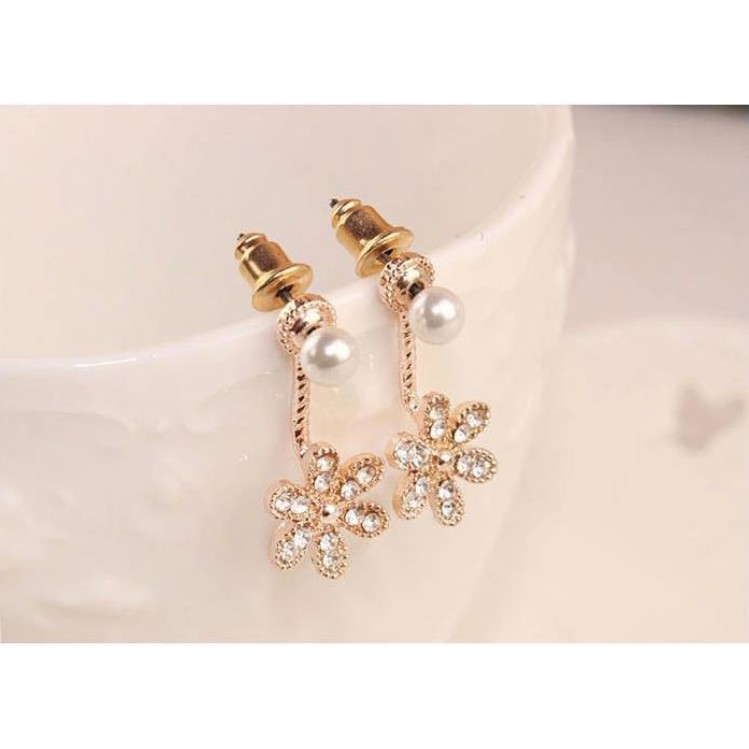 Anting Tindik Wanita Mutiara A14 BUNGA 02 Korea Fashion Women Pearl Earring Giwang Cewe-GOLD