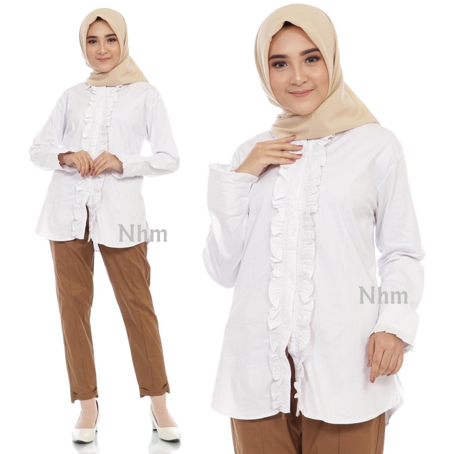 NHM Kemeja Putih Polos JUMBO Rempel FULL , Kemeja Wanita Baju Kantor Formal Kerja Cewek