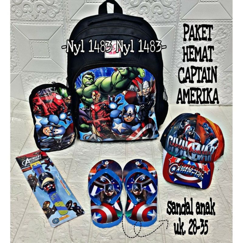 BISA Cod Tas Ransel print Avengers 4 in1 Ransel anak laki-laki Topi+sendal+jam tangan free tempat pensil