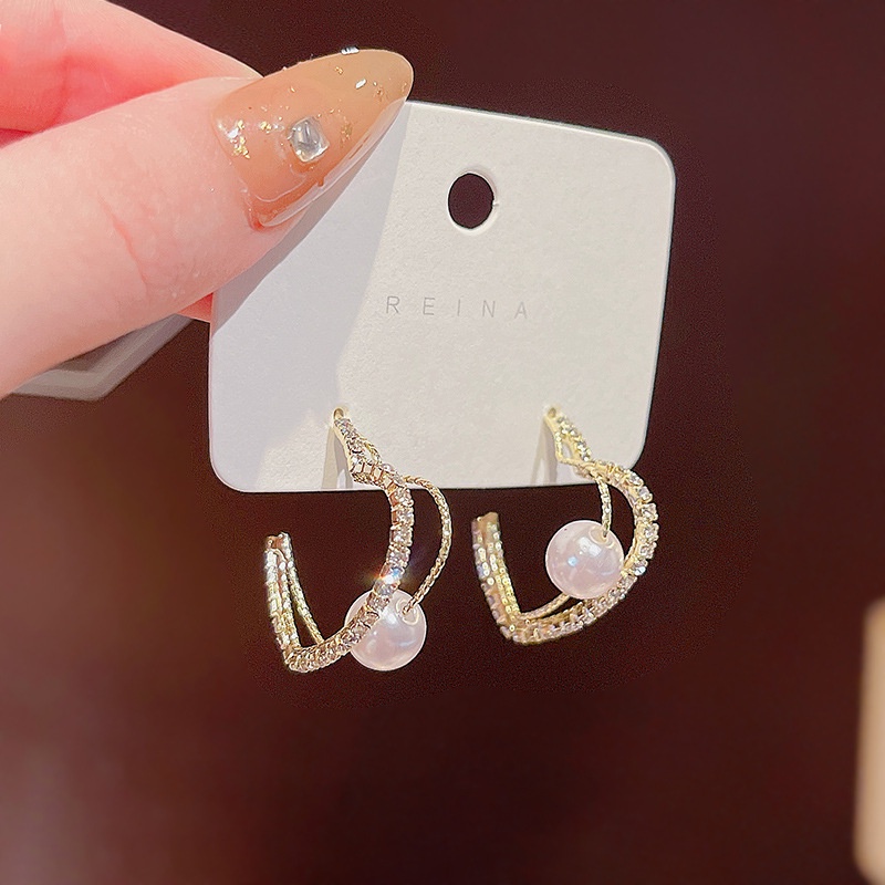 Shuling High Sense Double Heart Pearl Earrings Korean Style Fashion Earrings Female S925 silver needle Earrings