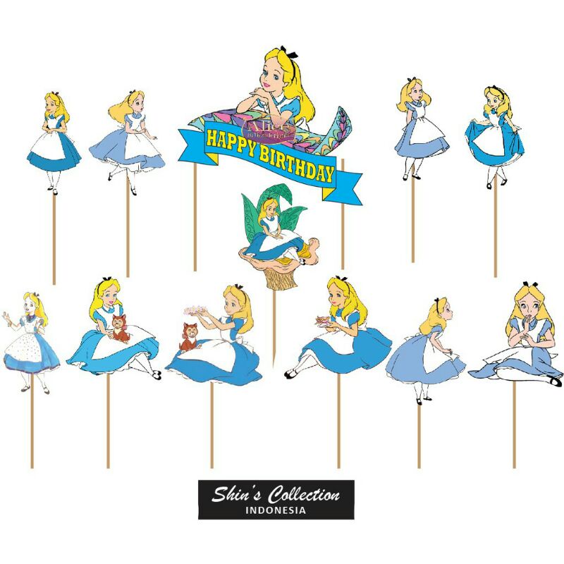 Cake topper Alice in Wonderland 1 set isi 12 pcs