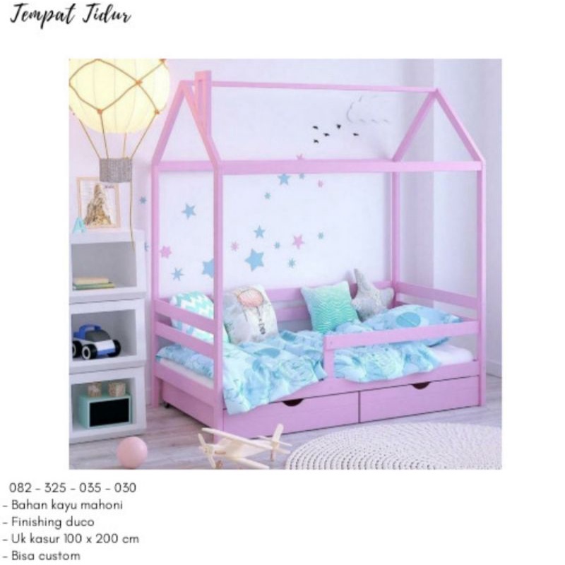 tempat tidur anak model rumah custom, kasur anak perempuan karakter pink