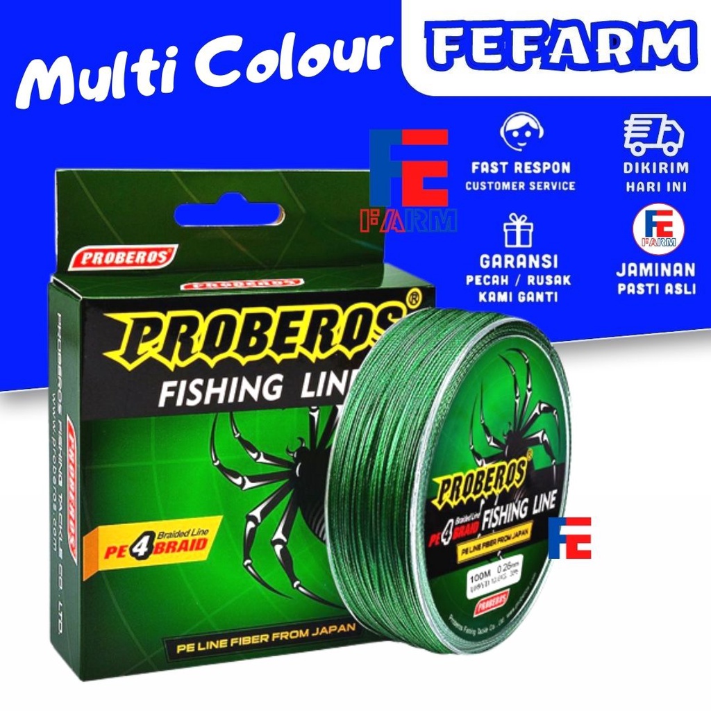 Senar Pancing PE Proberos Original X4 100M Multi Colour Pe 0.4/0.6/0.8/1.0/2.0 FEFARM