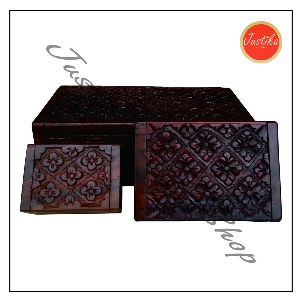 Kotak Tempat Perhiasan Kayu 1 Set / Aksesoris Bali/ Motif Ukiran Bunga/ Bahan Kayu Sona
