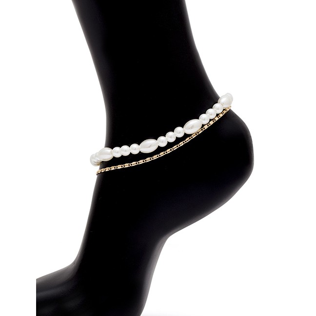 LRC Gelang kaki Fashion Gold Metal Asymmetric Pearl Chain Multi-layered Anklet F59838