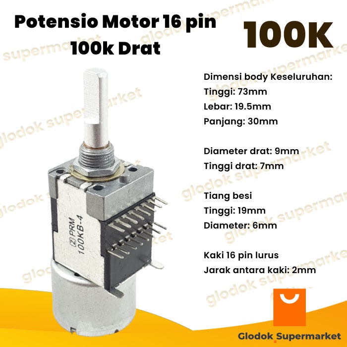 Potensio Motor 16 pin 100k Drat Stereo Kaki 8-8 Lurus 104