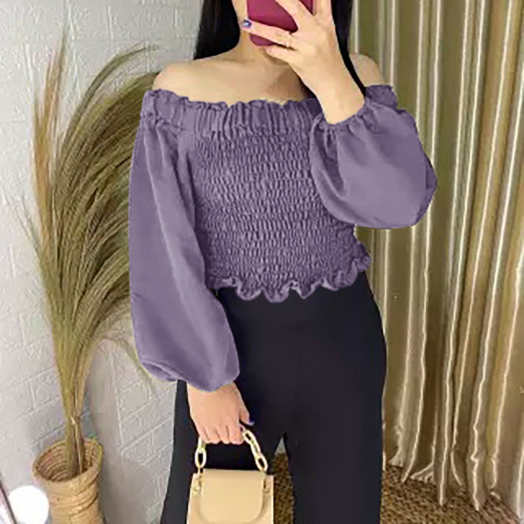 WSE390 - Blouse Smoke Bubble Blus Atasan Wanita Model Smok Kerut Full Satu Badan Moscrepe PREMIUM UK L-XL LD 100-105 CM PJ 50 CM PREMIUM QUALITY