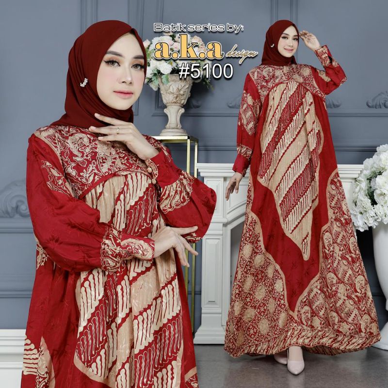 [5100]Gamis Batik Semi Sutra Resleting Depan Tangan Kancing // Kode AKA