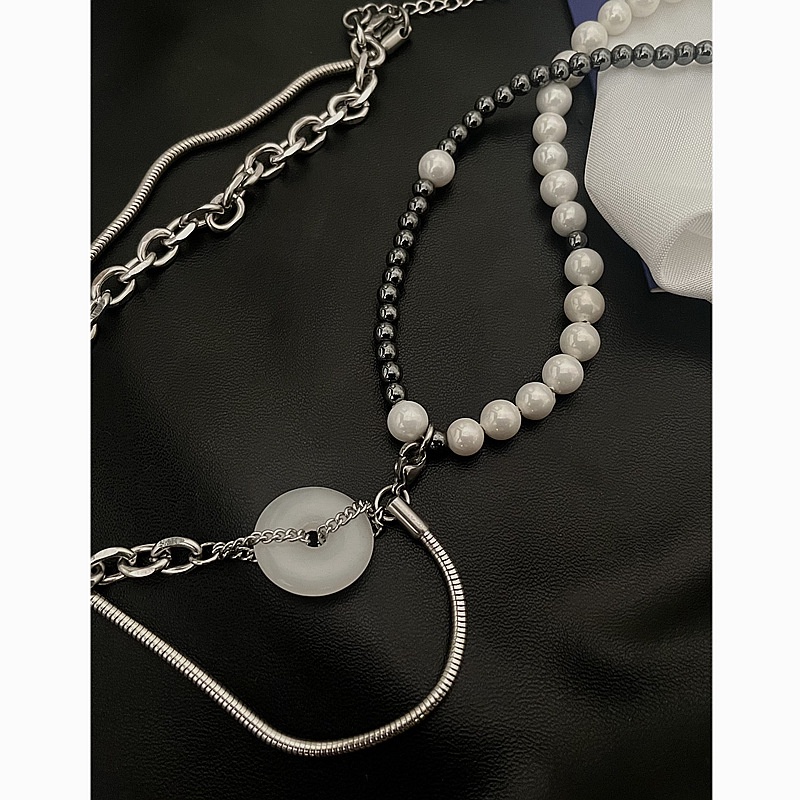 Chinese wind pearl double clavicle chain men and women neutral joker splicing art restructuring Ping An buckle necklace