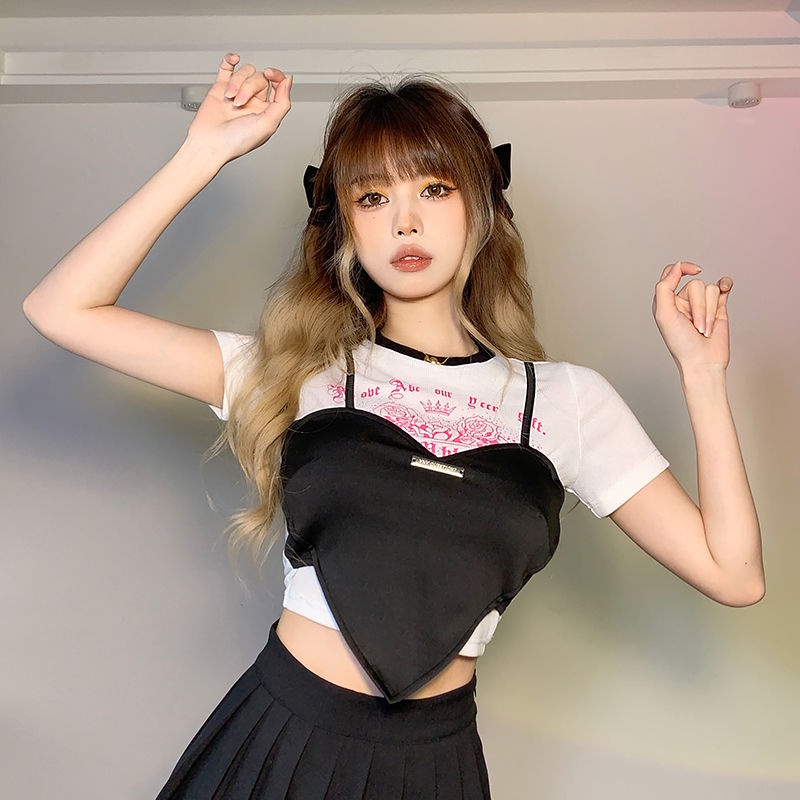 Hot girl spades heart stitching T-shirt wanita palsu dua potong slim fit all-match top trendy