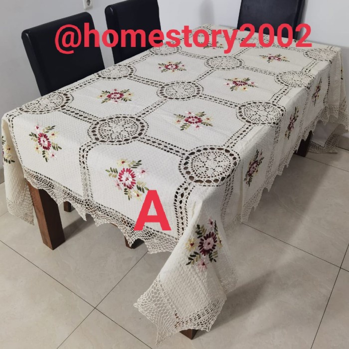 Taplak Meja Makan - Taplak Meja Makan Kain Katun Rajut Sulam Pita Kursi10-12 Persegi