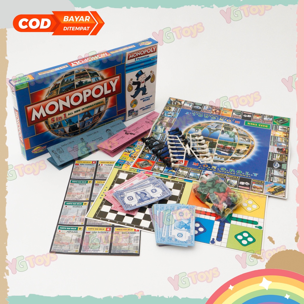 YGtoys Monopoli 5 in 1 Ludo Halma Ular Tangga Catur Mainan Keluarga Anak Seru Permainan Papan Edukatif