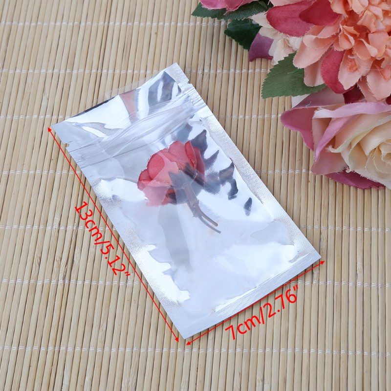 CRE  50 Pcs 7x13cm Silver Aluminum Foil Mylar Recloeable Ziplock Bag Front Clear Leak Proof