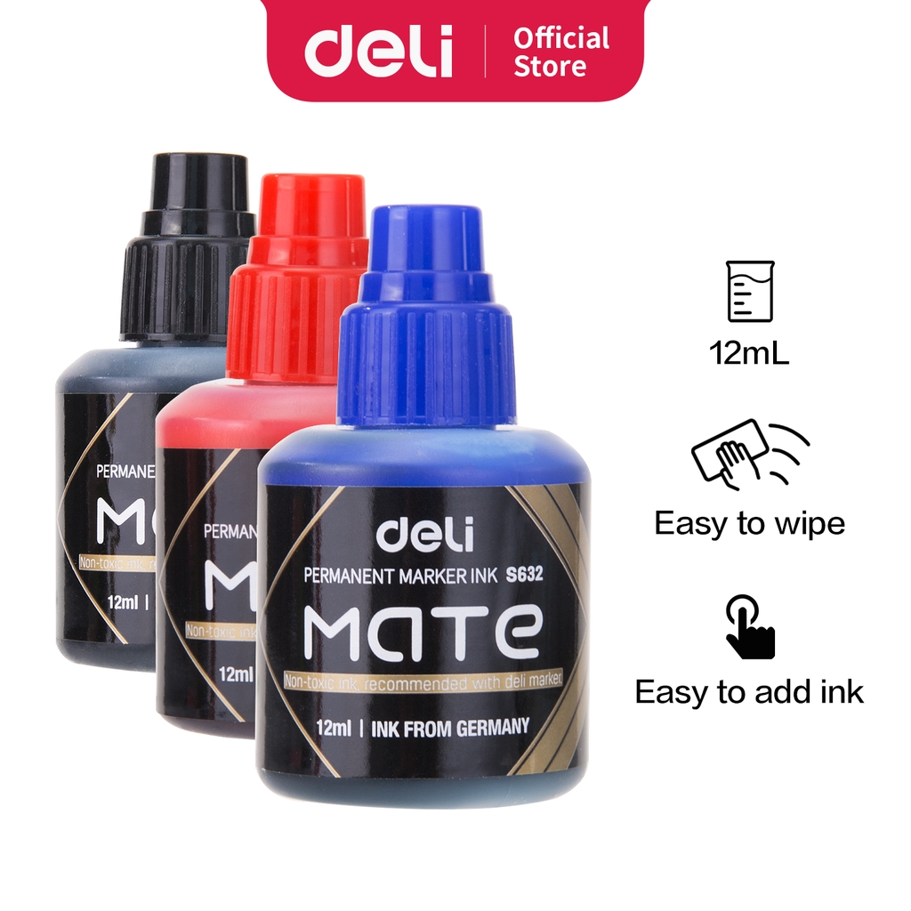 

Deli Isi ulang tinta Spidol Permanen 12 mL - Hitam Merah Biru Cepat Kering tahan air ES632
