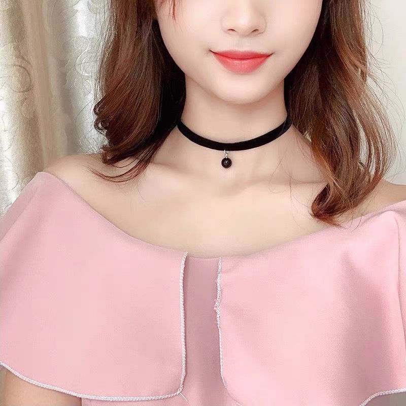 Kalung Choker Hitam Wanita Liontin Bandul Mutiara Simple Korean Style