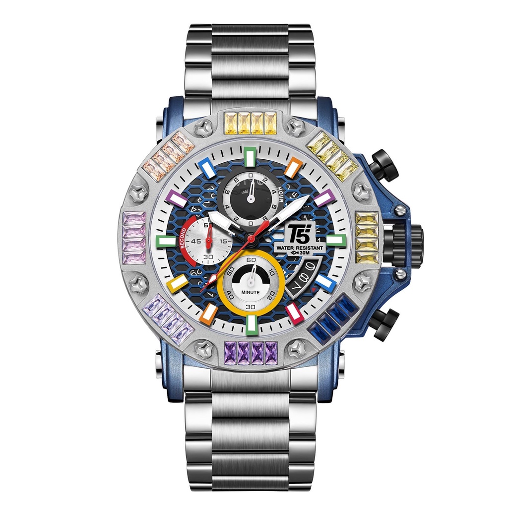 T5 H 3884G ORIGINAL WITH COLORFULL GEMSTONE/JAM TANGAN T5 H 3884G STAINLESS STEEL STRAP/JAM TANGAN COWOK WATERESISTAN/