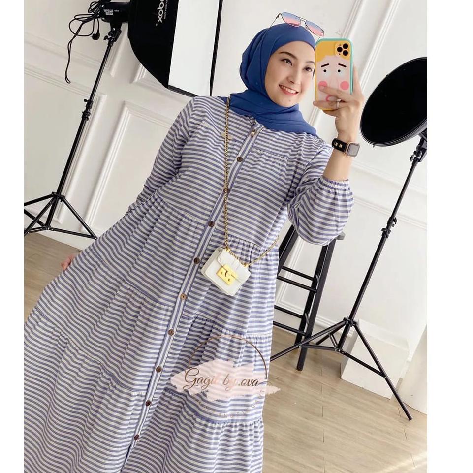 (TERBARU) [NEW DRESS] Aquila Midi / Dress Remaja - Dewasa Terbaru/ Katun Premium Salur Garis (BUSUI)