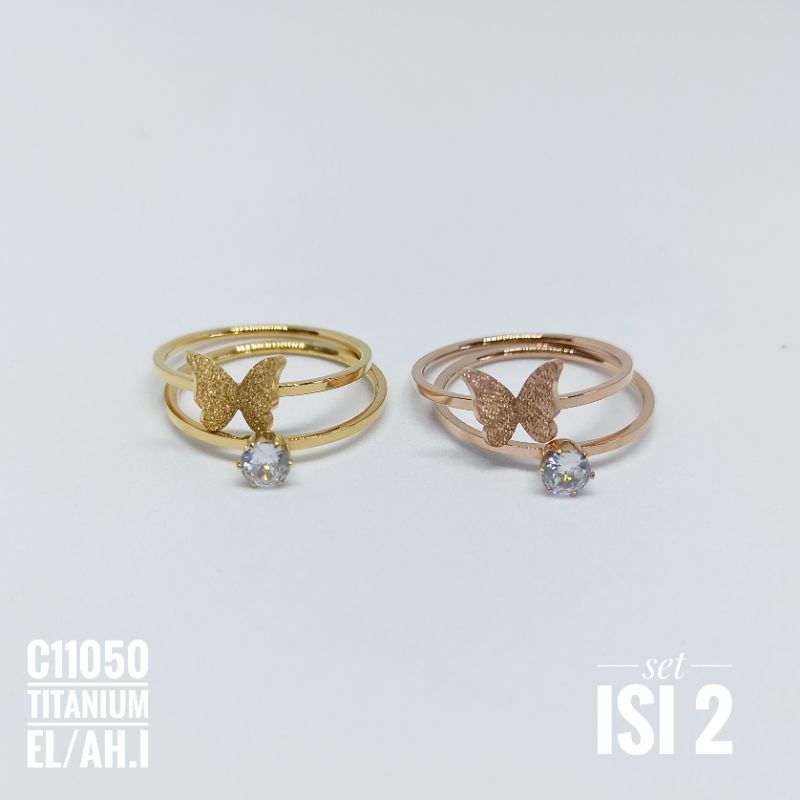 Cincin Titanium Kupu Zircon Set Isi 2 C11050