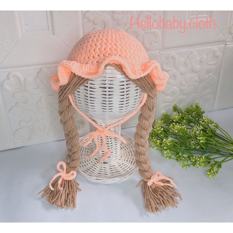 Topi Rajut Bayi Rambut Palsu/Topi Anak Perempuan Color Peach-1