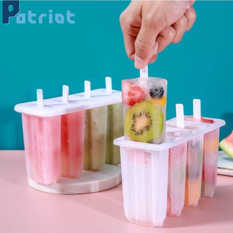 1pc Cetakan Es Krim Popsicle Model 4 Sel, Dapat Dipakai Ulang