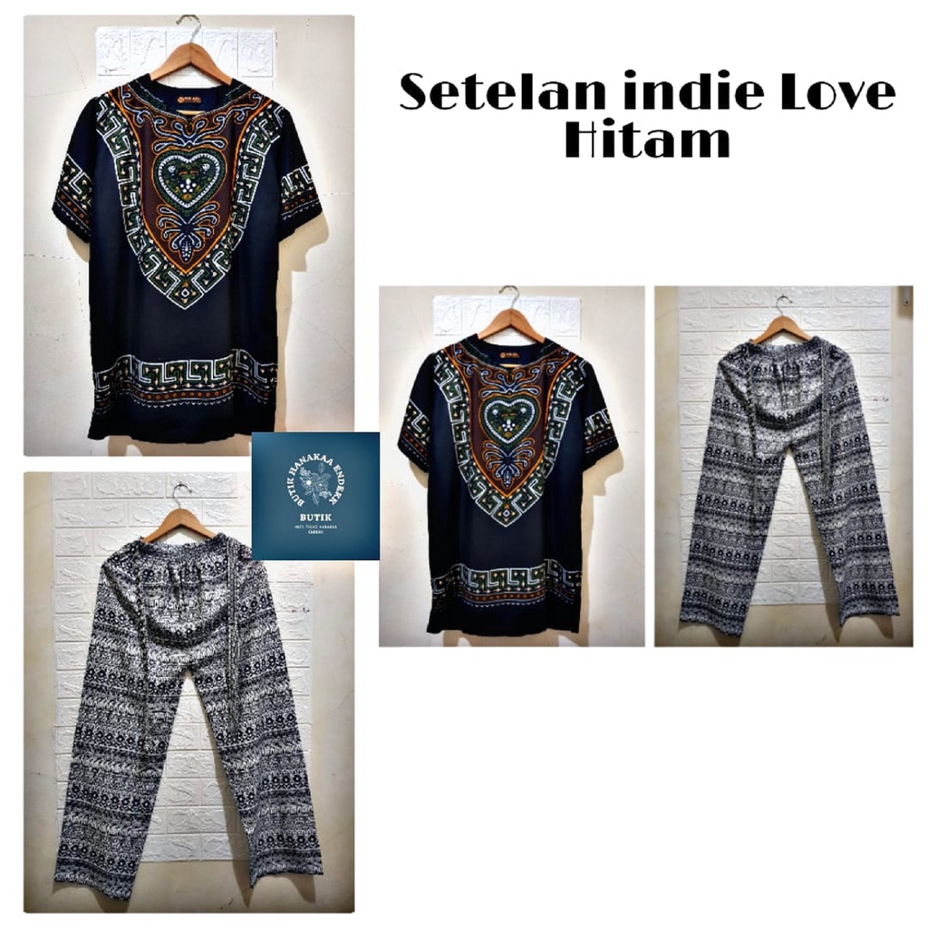 Set/Setelan Baju dan Celana Etnik Love Hitam Pria/Wanita (Unisex)