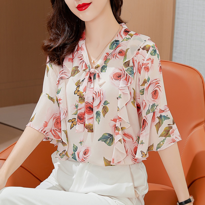 COD New 2022 Fashion Korean Chiffon Floral 3/4 Sleeve Shirts Pink Blue Women Blouse Tops Pakaian Serban