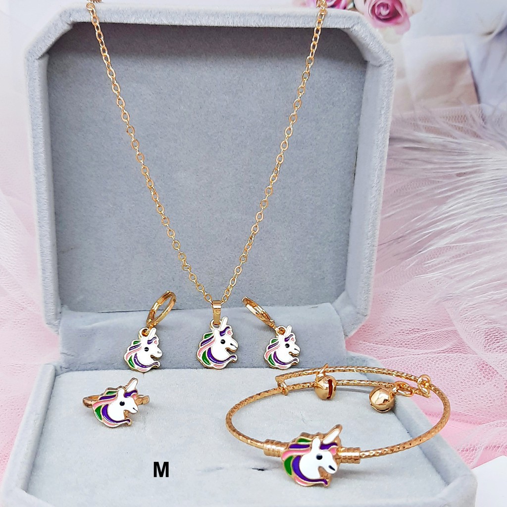 Set Xuping Anak Kalung Koye Gelang Anting Cincin Unicorn Ungu Pink  - BS027